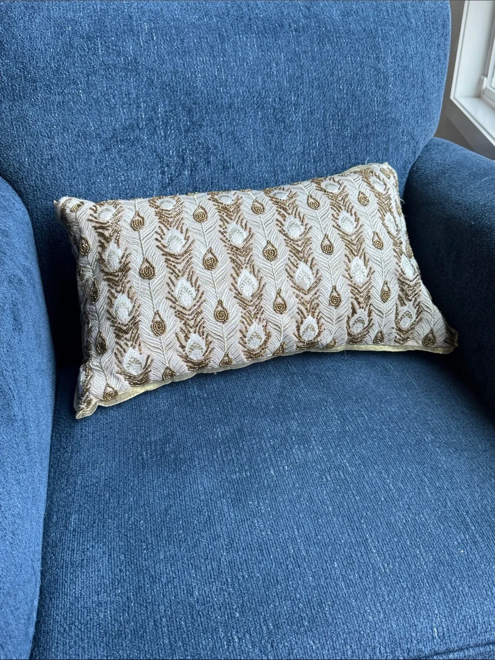 Pier 1 Beaded Peacock Feather Gold Embroidered Lumbar Accent Pillow